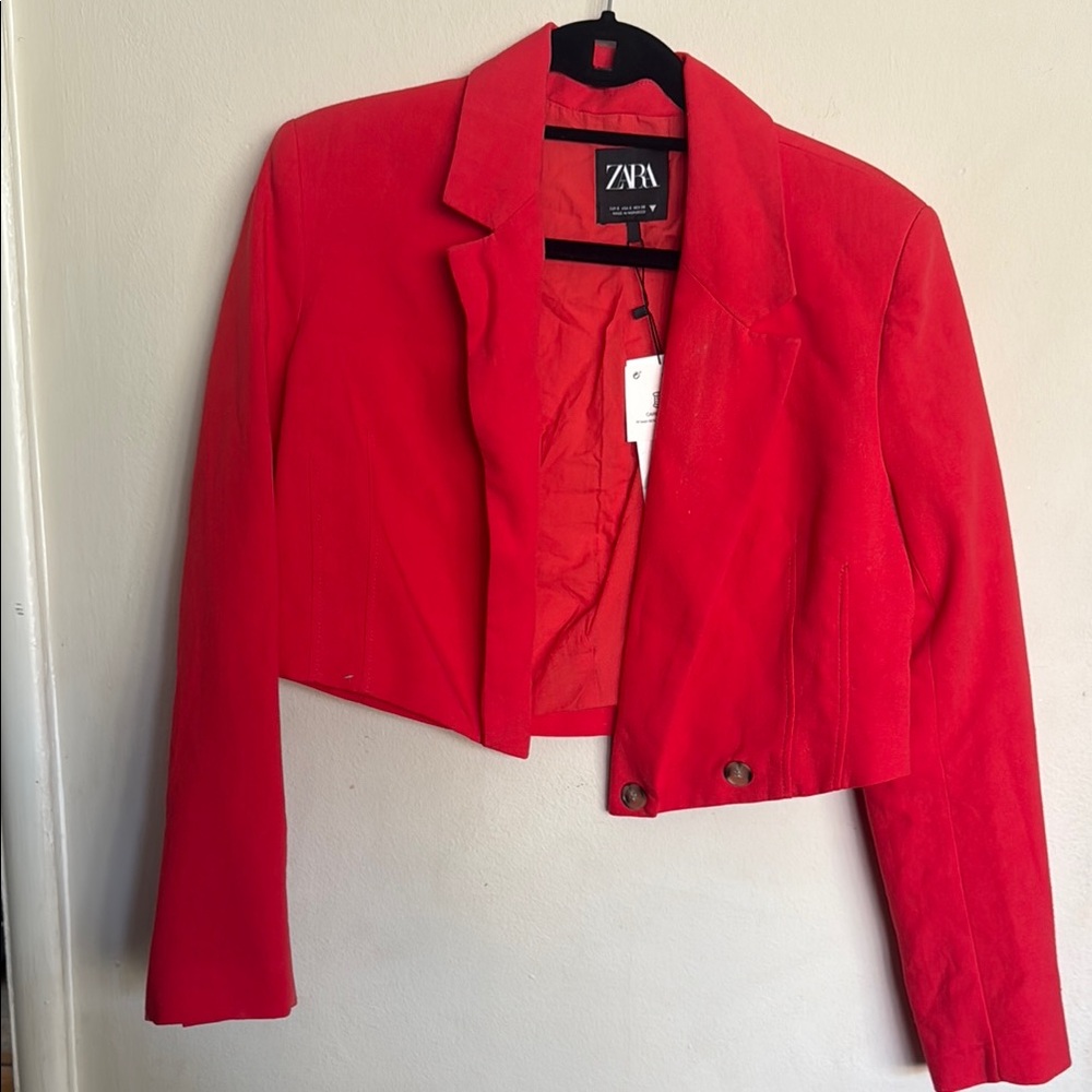 Zara Red Blazer Tailored Cropped Jacket